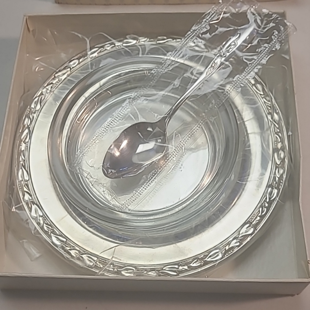 Vintage Silver baby food set. Silver tray. Glass bowl. Silver spoon. Tray 5 1/2"